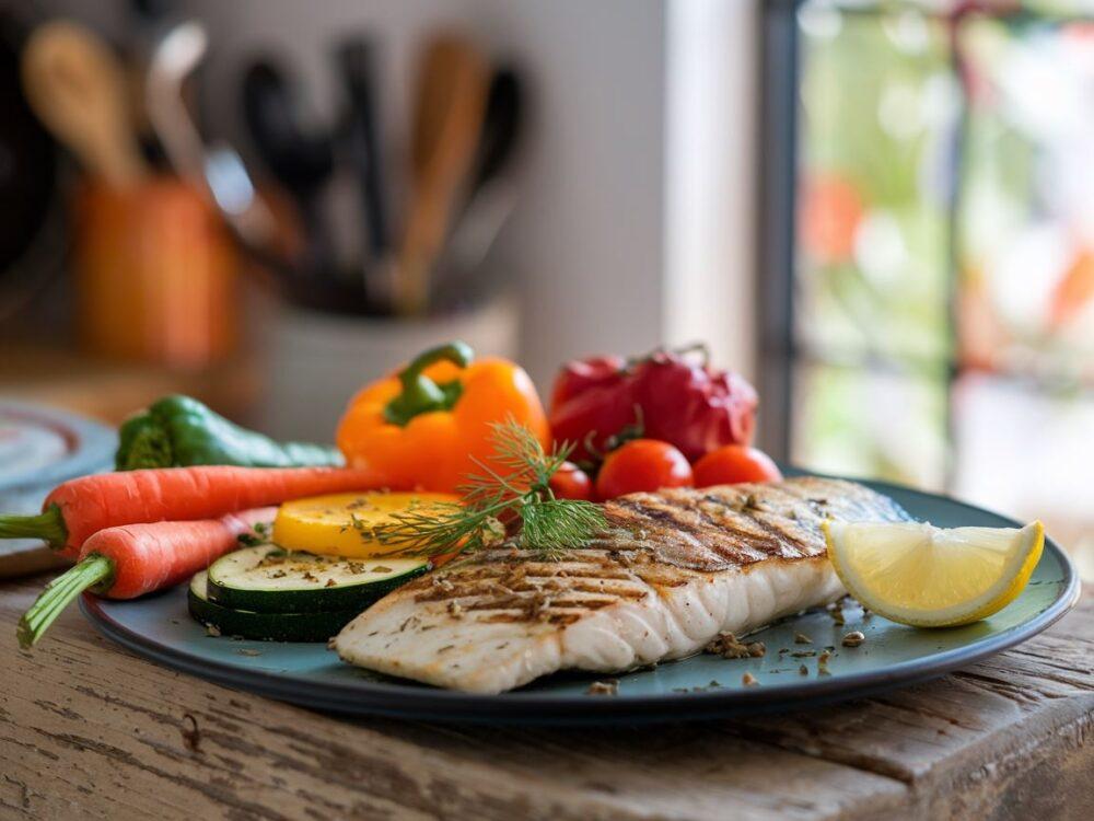 kolorowe warzywa obok ryby