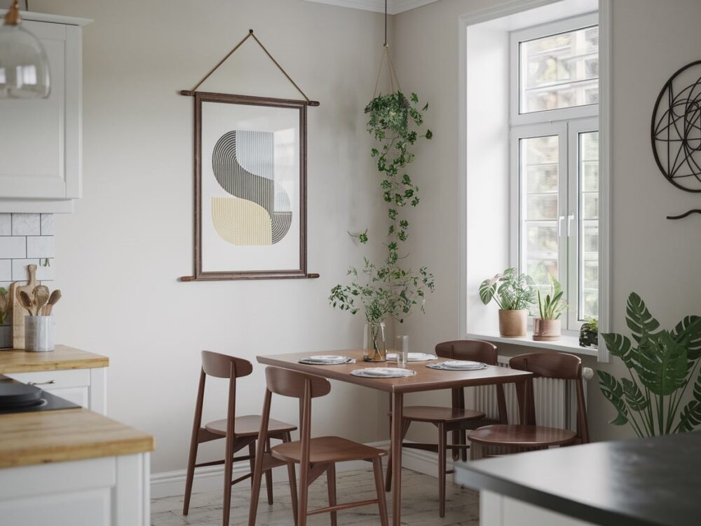 półki z roślinami nad stołem