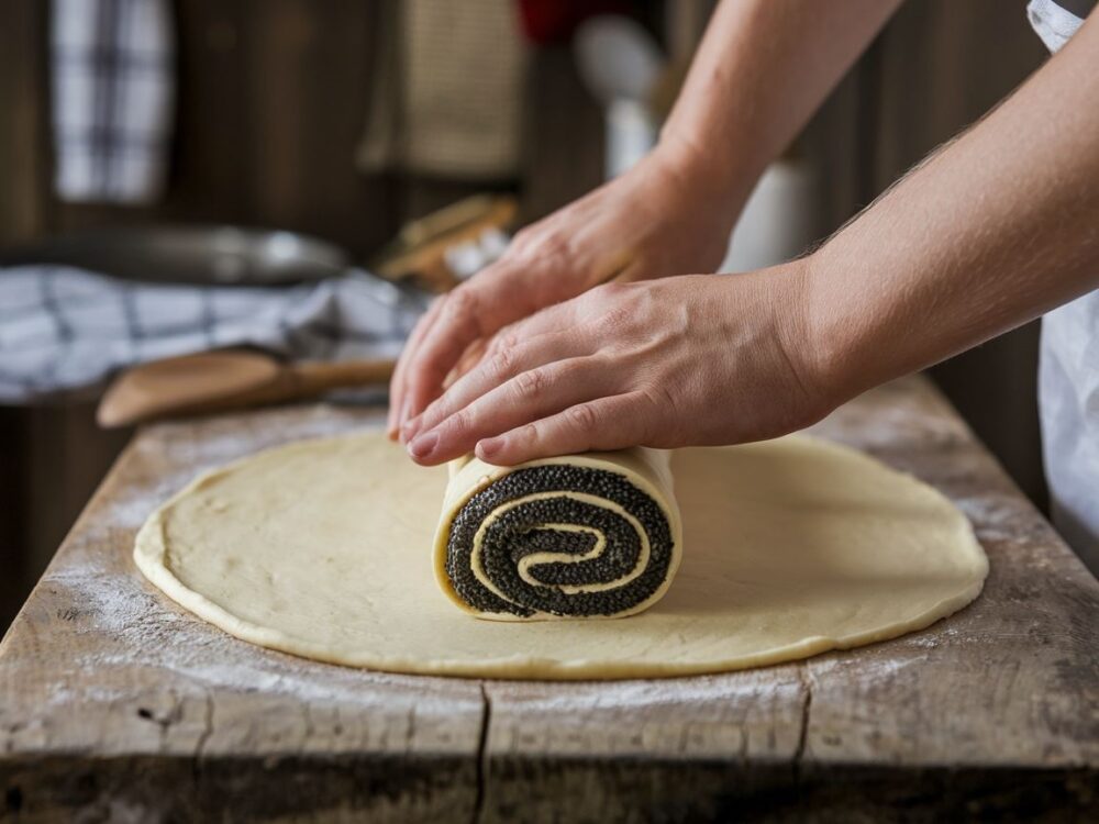 ręce rolujące makowiec